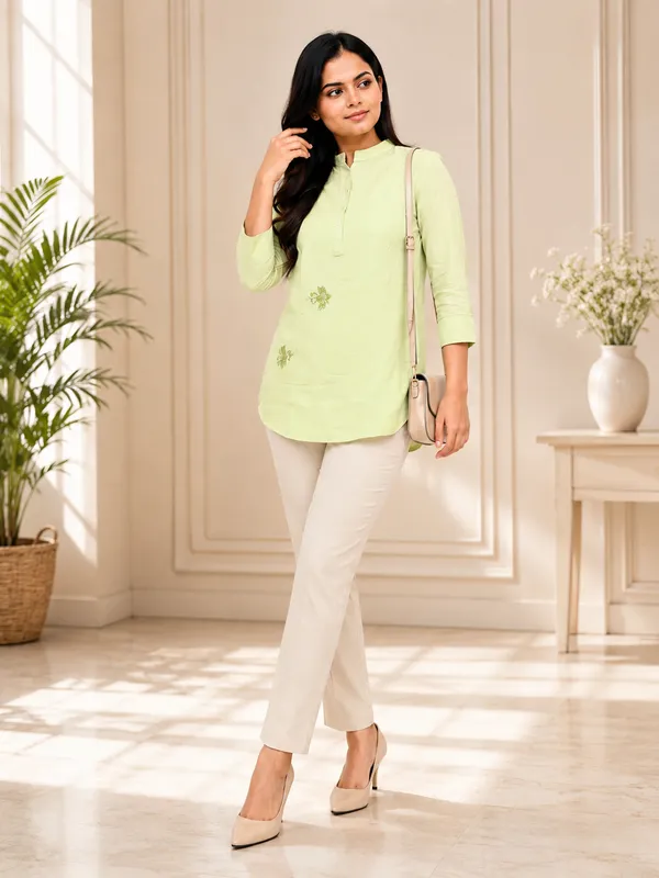 Mint_Green_mandarian_collar_linen_Top_With_flower_detailing_chikankari