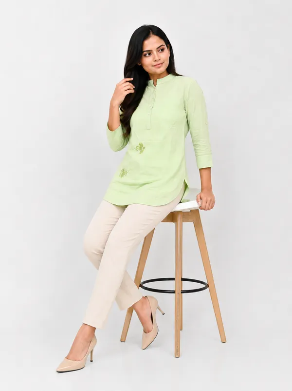 Mint_Green_mandarian_collar_linen_Top_With_flower_detailing_chikankari