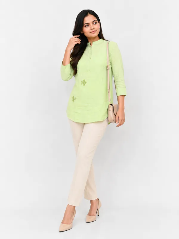 Mint_Green_mandarian_collar_linen_Top_With_flower_detailing_chikankari
