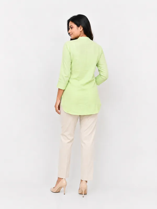 Mint_Green_mandarian_collar_linen_Top_With_flower_detailing_chikankari