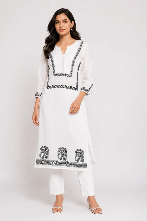 Elegant__White_mul_mul_Cotton_kurti_With__chikankri_on_elephant_Motif