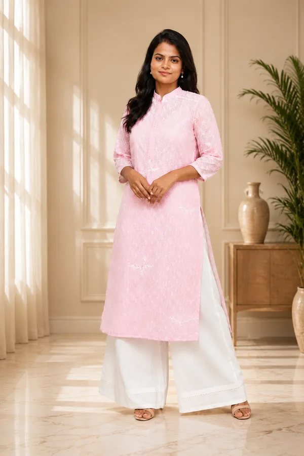 Chic_and_elegant_pink_Brasso_Cotton_Kurti_With__minimal__Chikankari_Bird_Motif