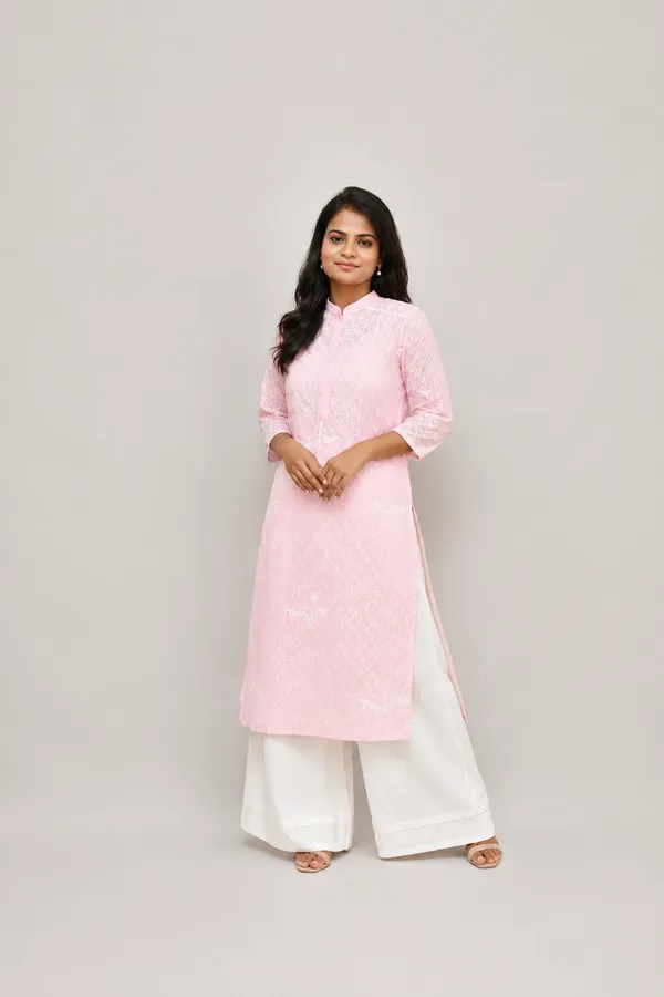Chic_and_elegant_pink_Brasso_Cotton_Kurti_With__minimal__Chikankari_Bird_Motif