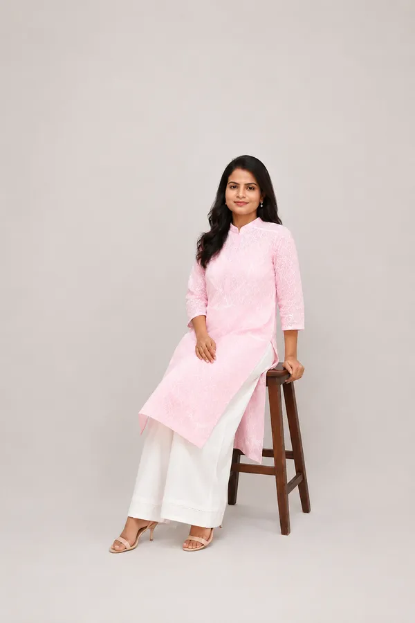Chic_and_elegant_pink_Brasso_Cotton_Kurti_With__minimal__Chikankari_Bird_Motif