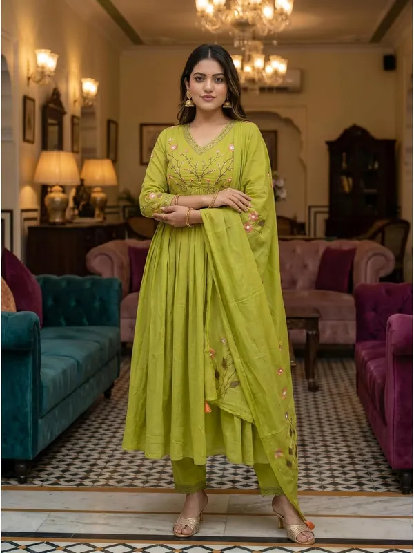 Women_S_Cotton_Embroidered_Anarkali_Kurti_With_Pant_And_Dupatta_Set