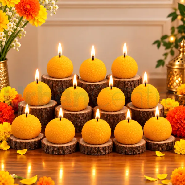 Urban_Centre_Ladoo_Shaped_unscented_Decorative_Candle_Set_of_12,_Yellow_Boondi_Ladoo_Design_Festive_Candles_for_Diwali_Decoration,_Pooja_Room,_Home_Decor,_Dining_Table_Decoration_and_Festive_Gifting,_Soy_Wax_Candle