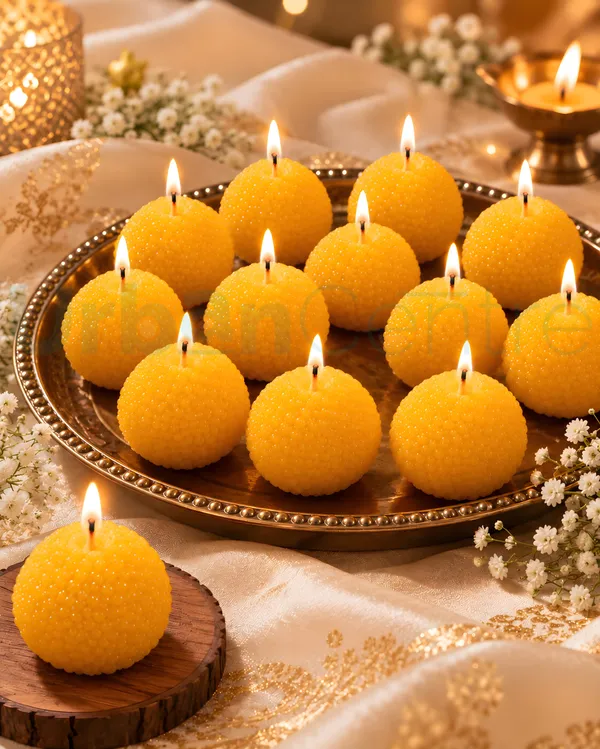 Urban_Centre_Ladoo_Shaped_unscented_Decorative_Candle_Set_of_12,_Yellow_Boondi_Ladoo_Design_Festive_Candles_for_Diwali_Decoration,_Pooja_Room,_Home_Decor,_Dining_Table_Decoration_and_Festive_Gifting,_Soy_Wax_Candle