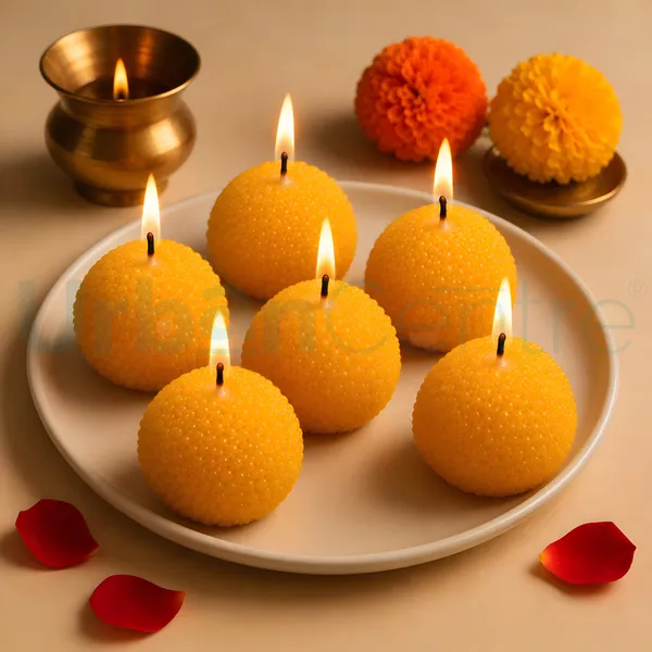 Urban_Centre_Ladoo_Shaped_unscented_Decorative_Candle_Set_of_12,_Yellow_Boondi_Ladoo_Design_Festive_Candles_for_Diwali_Decoration,_Pooja_Room,_Home_Decor,_Dining_Table_Decoration_and_Festive_Gifting,_Soy_Wax_Candle