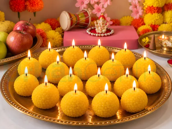 Urban_Centre_Ladoo_Shaped_unscented_Decorative_Candle_Set_of_18,_Yellow_Boondi_Ladoo_Design_Festive_Candles_for_Diwali_Decoration,_Pooja_Room,_Home_Decor,_Dining_Table_Decoration_and_Festive_Gifting,_Soy_Wax_Candle
