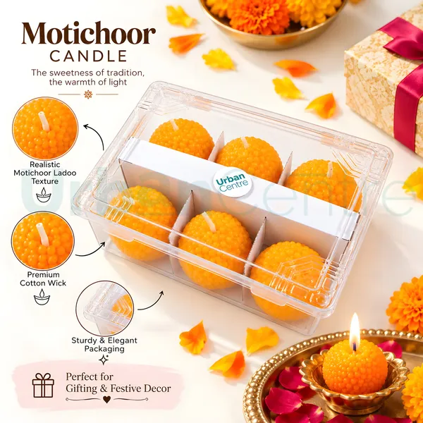 Urban_Centre_Ladoo_Shaped_unscented_Decorative_Candle_Set_of_18,_Yellow_Boondi_Ladoo_Design_Festive_Candles_for_Diwali_Decoration,_Pooja_Room,_Home_Decor,_Dining_Table_Decoration_and_Festive_Gifting,_Soy_Wax_Candle