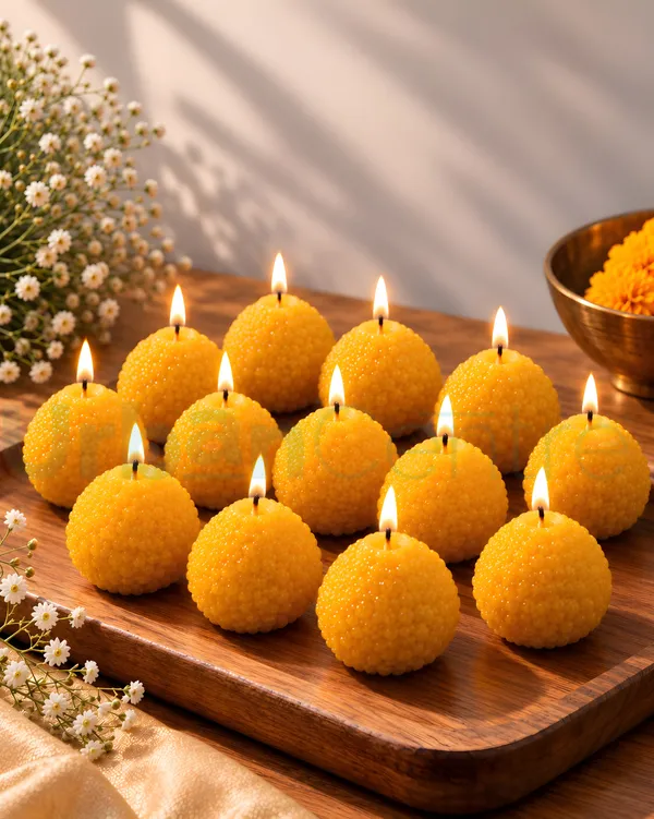Urban_Centre_Ladoo_Shaped_unscented_Decorative_Candle_Set_of_18,_Yellow_Boondi_Ladoo_Design_Festive_Candles_for_Diwali_Decoration,_Pooja_Room,_Home_Decor,_Dining_Table_Decoration_and_Festive_Gifting,_Soy_Wax_Candle