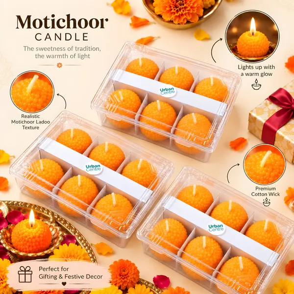 Urban_Centre_Ladoo_Shaped_unscented_Decorative_Candle_Set_of_18,_Yellow_Boondi_Ladoo_Design_Festive_Candles_for_Diwali_Decoration,_Pooja_Room,_Home_Decor,_Dining_Table_Decoration_and_Festive_Gifting,_Soy_Wax_Candle