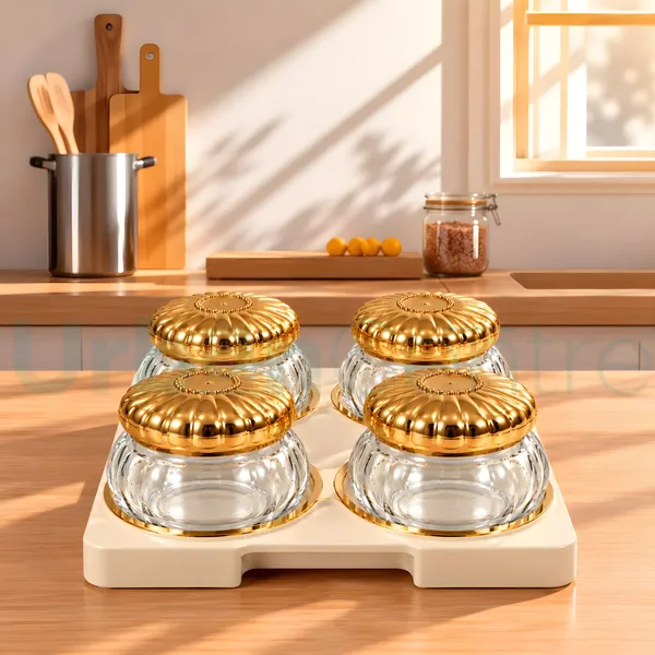 Urban_Centre_Premium_Embossed_Glass_Storage_Jar_Set_of_4_with_Decorative_Golden_Embossed_Lids_&_Golden_Design_Tray,_350_ml,_Multipurpose_Containers_for_Dry_Fruits,_Snacks,_Sweets_&_Kitchen_Storage