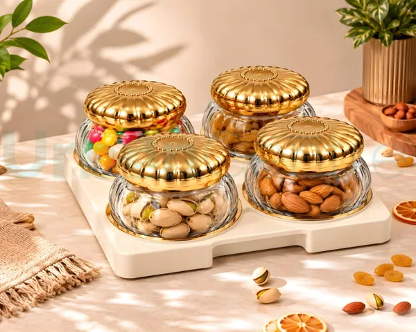 Urban_Centre_Premium_Embossed_Glass_Storage_Jar_Set_of_4_with_Decorative_Golden_Embossed_Lids_&_Golden_Design_Tray,_350_ml,_Multipurpose_Containers_for_Dry_Fruits,_Snacks,_Sweets_&_Kitchen_Storage