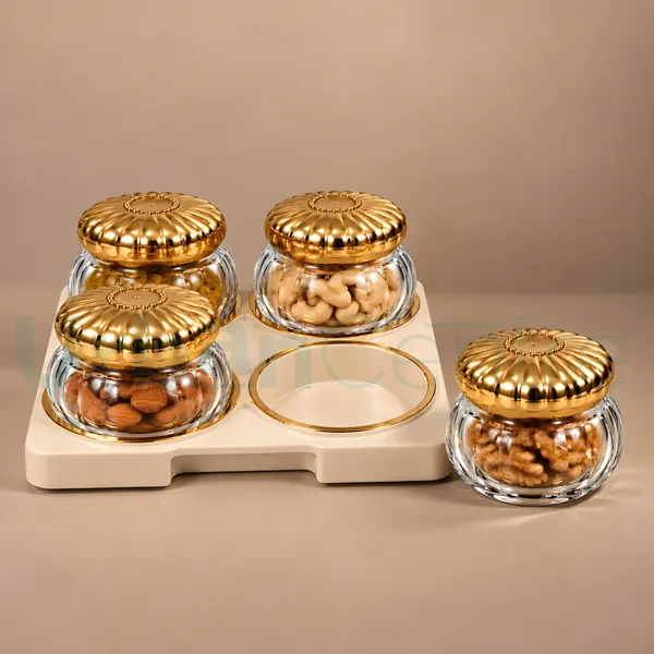 Urban_Centre_Premium_Embossed_Glass_Storage_Jar_Set_of_4_with_Decorative_Golden_Embossed_Lids_&_Golden_Design_Tray,_350_ml,_Multipurpose_Containers_for_Dry_Fruits,_Snacks,_Sweets_&_Kitchen_Storage