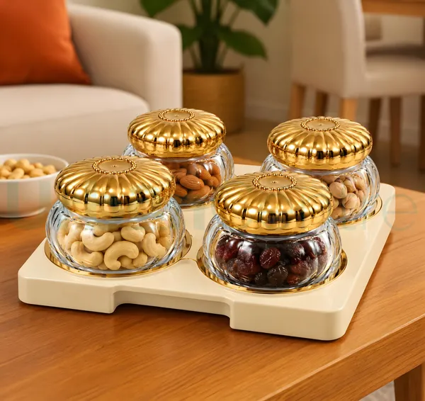 Urban_Centre_Premium_Embossed_Glass_Storage_Jar_Set_of_4_with_Decorative_Golden_Embossed_Lids_&_Golden_Design_Tray,_350_ml,_Multipurpose_Containers_for_Dry_Fruits,_Snacks,_Sweets_&_Kitchen_Storage