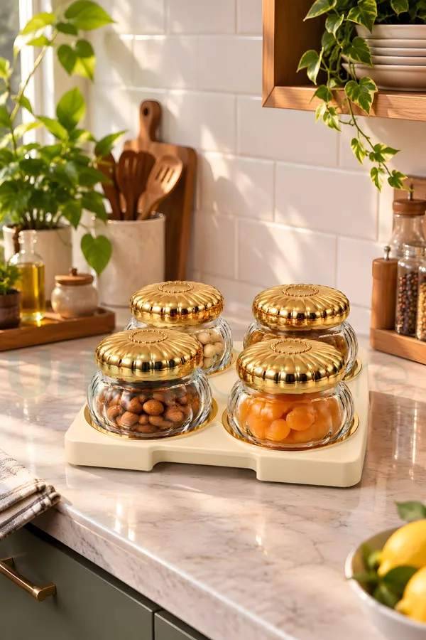 Urban_Centre_Premium_Embossed_Glass_Storage_Jar_Set_of_4_with_Decorative_Golden_Embossed_Lids_&_Golden_Design_Tray,_350_ml,_Multipurpose_Containers_for_Dry_Fruits,_Snacks,_Sweets_&_Kitchen_Storage