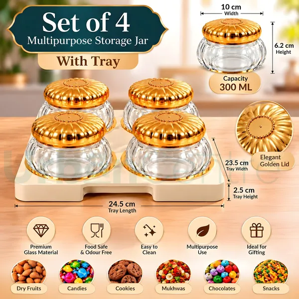 Urban_Centre_Premium_Embossed_Glass_Storage_Jar_Set_of_4_with_Decorative_Golden_Embossed_Lids_&_Golden_Design_Tray,_350_ml,_Multipurpose_Containers_for_Dry_Fruits,_Snacks,_Sweets_&_Kitchen_Storage