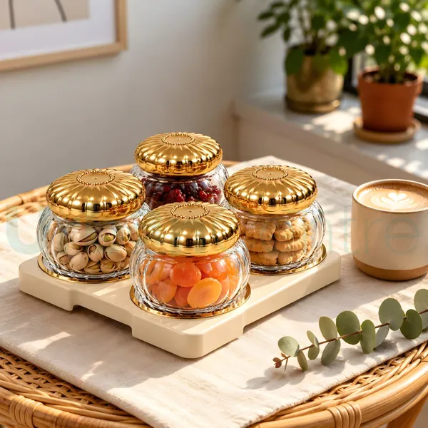 Urban_Centre_Premium_Embossed_Glass_Storage_Jar_Set_of_4_with_Decorative_Golden_Embossed_Lids_&_Golden_Design_Tray,_350_ml,_Multipurpose_Containers_for_Dry_Fruits,_Snacks,_Sweets_&_Kitchen_Storage