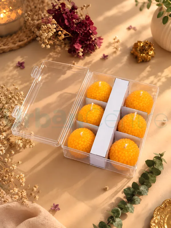 Urban_Centre_Ladoo_Shaped_unscented_Decorative_Candle_Set_of_6,_Yellow_Boondi_Ladoo_Design_Festive_Candles_for_Diwali_Decoration,_Pooja_Room,_Home_Decor,_Dining_Table_Decoration_and_Festive_Gifting,_Soy_Wax_Candle