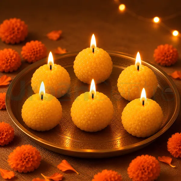 Urban_Centre_Ladoo_Shaped_unscented_Decorative_Candle_Set_of_6,_Yellow_Boondi_Ladoo_Design_Festive_Candles_for_Diwali_Decoration,_Pooja_Room,_Home_Decor,_Dining_Table_Decoration_and_Festive_Gifting,_Soy_Wax_Candle