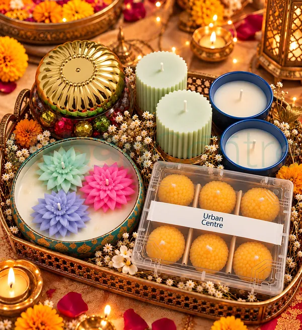 Urban_Centre_Diwali_Candle_and_Chocolate_Gift_Hamper_|_6_Boondi_Ladoo_Candles,_2_Blue_Glass_Candles,_2_Ribbed_Pillar_Candles,_1_Chocolate_Jar_and_1_Multicolour_Floral_Bowl_Candle