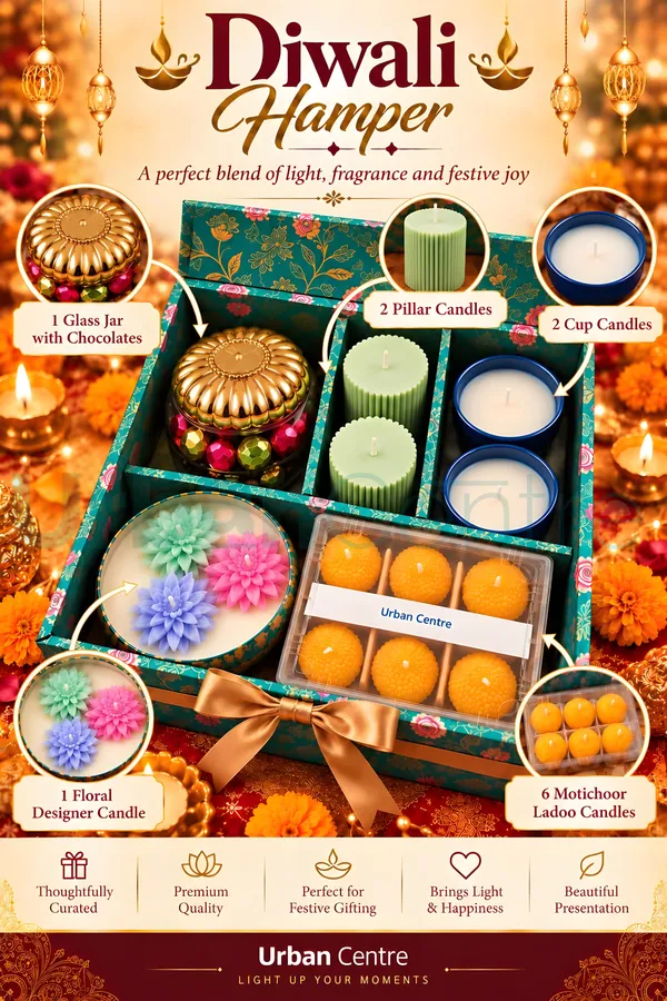 Urban_Centre_Diwali_Candle_and_Chocolate_Gift_Hamper_|_6_Boondi_Ladoo_Candles,_2_Blue_Glass_Candles,_2_Ribbed_Pillar_Candles,_1_Chocolate_Jar_and_1_Multicolour_Floral_Bowl_Candle