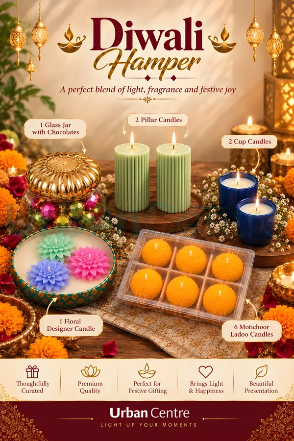 Urban_Centre_Diwali_Candle_and_Chocolate_Gift_Hamper_|_6_Boondi_Ladoo_Candles,_2_Blue_Glass_Candles,_2_Ribbed_Pillar_Candles,_1_Chocolate_Jar_and_1_Multicolour_Floral_Bowl_Candle