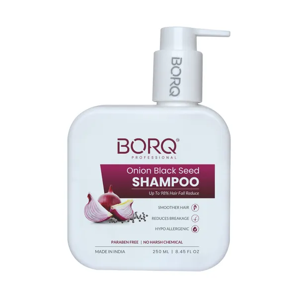 BORQ_Onion_Black_Seed_Shampoo_250ml_|_For_Smooth_&_Shiny_Hair_|_Up_to_98%_Hair_Fall_Reduce_|_Dandruff_Control_|_Paraben-Free_Sulfate-Free_|_Suitable_To_All_Hair_Type_|_For_Man_&_Women_|_(1X250ml)_Pack_Of_1