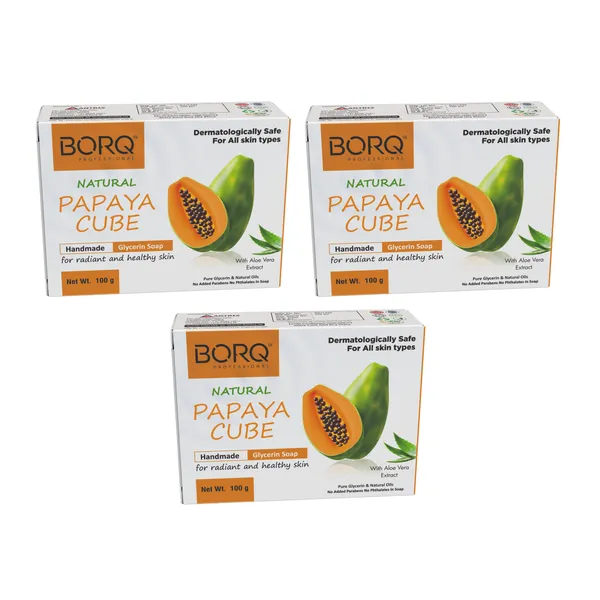 BORQ_Natural_Papaya_Cube_Glycerine_Bath_Soap_300gm_|_For_Enriched_Radiant_And_Healthy_Skin_|_Pure_Glycerin_&_Natural_Oils_|_Paraben-Free_Sulfate-Free_|_For_All_Skin_Type_(3X100gm)_Pack_Of_3