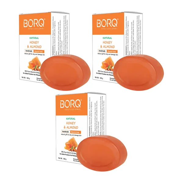 BORQ_Natural_Honey_&_Almond_Glycerine_Bath_Soap_300gm_|_Natural_Gift_For_Dry_And_Damage_Skin_|_Pure_Glycerin_&_Natural_Oils_|_Paraben-Free_Sulfate-Free_|_For_All_Skin_Type_(3X100gm)_Pack_Of_3