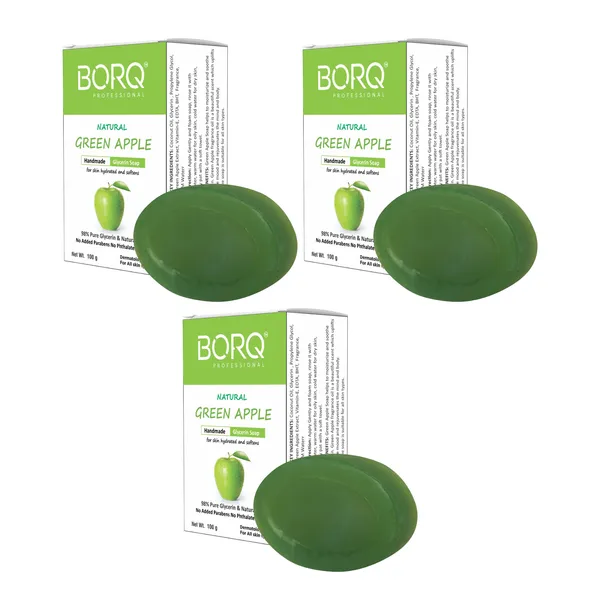 BORQ_Natural_Green_Apple_Glycerine_Bath_Soap_300gm_|_For_Skin_Hydrated_and_Softens_|_Pure_Glycerin_&_Natural_Oils_|_Paraben-Free_Sulfate-Free_|_For_All_Skin_Type_(3X100gm)_Pack_Of_3