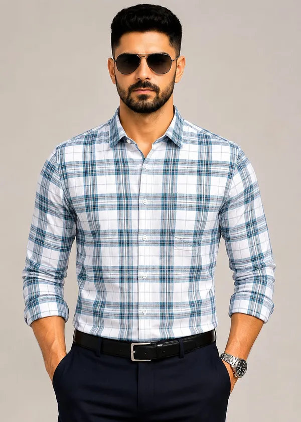 Drexo_Men's_Cotton_Linen_Slub_Full_Sleeve_Checkered_Casual_Shirt