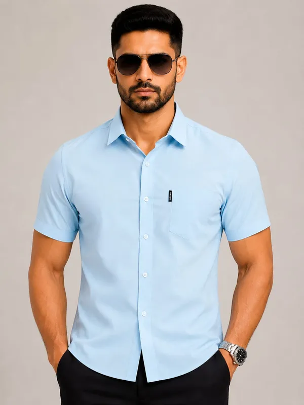 Drexo_Men's_Cotton_Oxford_Half_Sleeve_Solid_Shirt