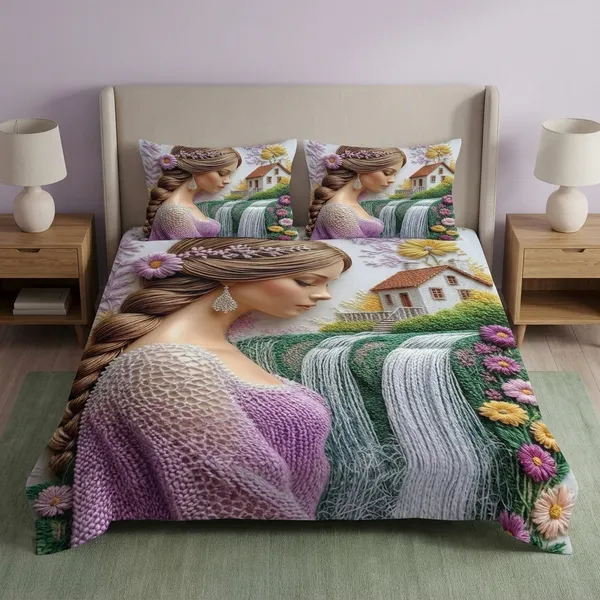 Decorative_Throw_7D_Digital_Bedsheet_With_Embroidery-Style_Woman,_Waterfall_And_Floral_Print,_Machine_Washable