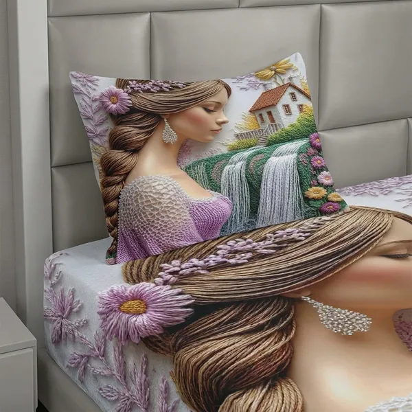 Decorative_Throw_7D_Digital_Bedsheet_With_Embroidery-Style_Woman,_Waterfall_And_Floral_Print,_Machine_Washable