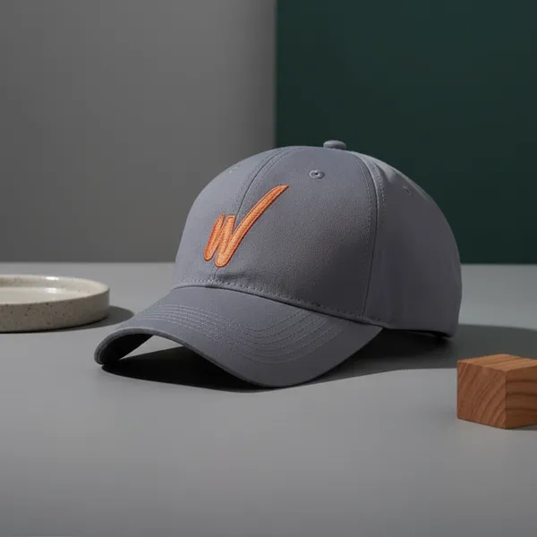 Grey_Cotton_Baseball_Cap_Orange_Logo_Embroidery_For_Unisex