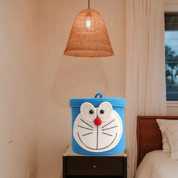 Doraemon_Face_Storage_Basket_With_Lid_Blue_Woven_Cotton_Rope_Organizer