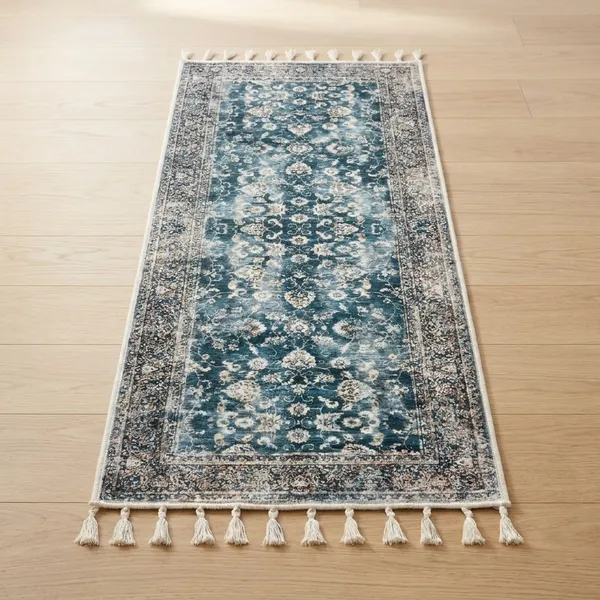 Vintage_Persian_Style_Runner_Rug_With_Tassel_Details_Blue_And_Grey_Floral_Pattern