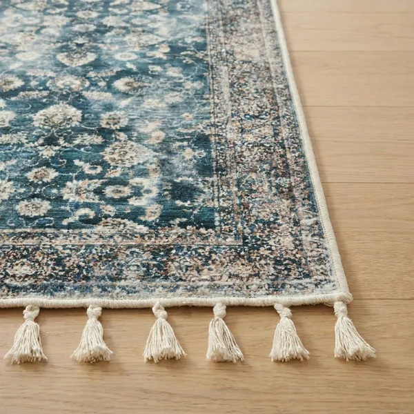 Vintage_Persian_Style_Runner_Rug_With_Tassel_Details_Blue_And_Grey_Floral_Pattern