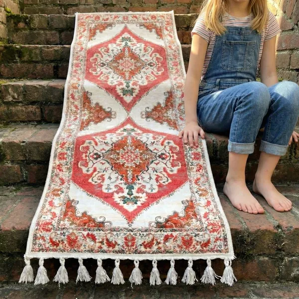 Vintage_Persian_Style_Runner_Rug_With_Tassel_Fringe_Red_And_Cream_Traditional_Medallion_Design
