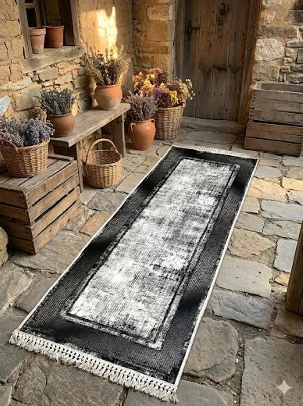 Vintage_Distressed_Runner_Rug_With_Fringe_Detail_Black_And_Grey_Border_Design