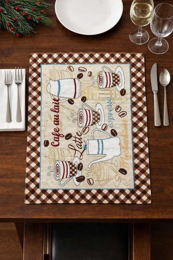 Pack_Of_6_Coffee_Themed_Kitchen_Table_Mats_With_Brown_Checkered_Border