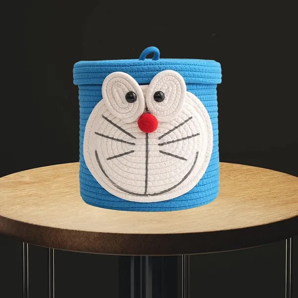 Doraemon_Face_Storage_Basket_With_Lid_Blue_Woven_Cotton_Rope_Organizer