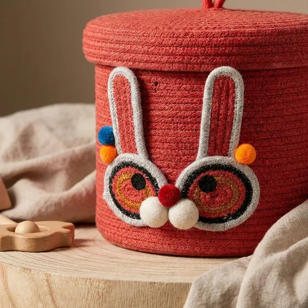 Red_Cotton_Rope_Woven_Bunny_Face_Storage_Basket_With_Lid