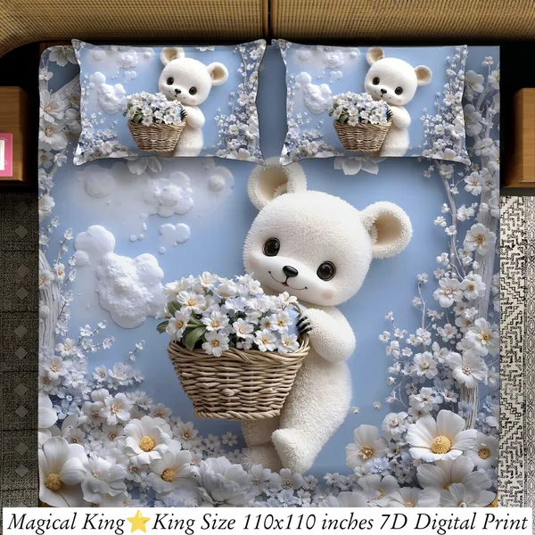 Magical_Bear_King_Size_Bedding_Set_With_Floral_Basket_Design_7D_Digital_Print