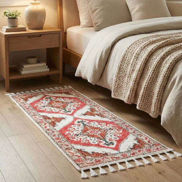 Vintage_Persian_Style_Runner_Rug_With_Tassel_Fringe_Red_And_Cream_Traditional_Medallion_Design