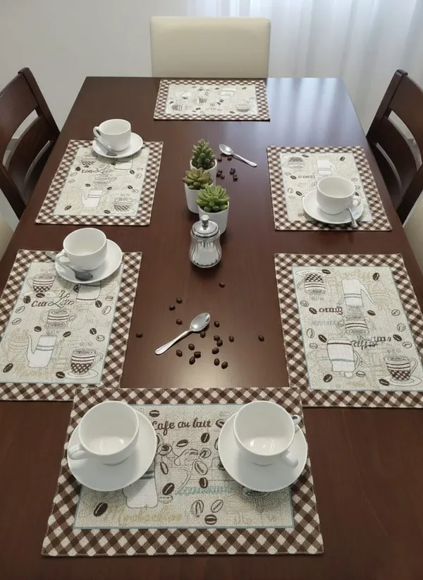 Pack_Of_6_Coffee_Themed_Kitchen_Table_Mats_With_Brown_Checkered_Border