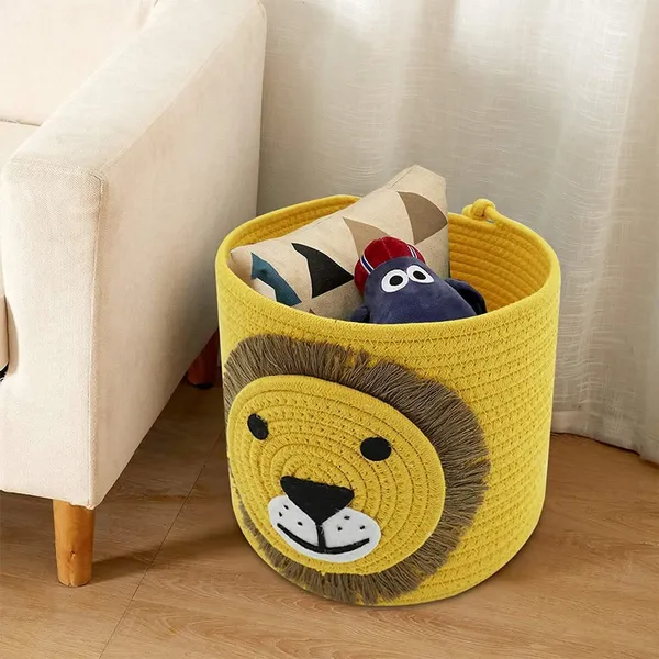 Yellow_Lion_Face_Cotton_Rope_Toy_Storage_Basket_For_Kids