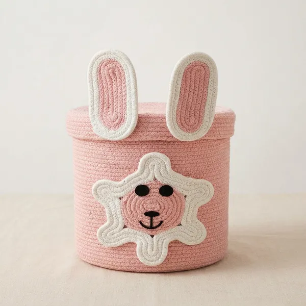 Handmade_Cotton_Rope_Woven_Bunny_Storage_Basket_Pink
